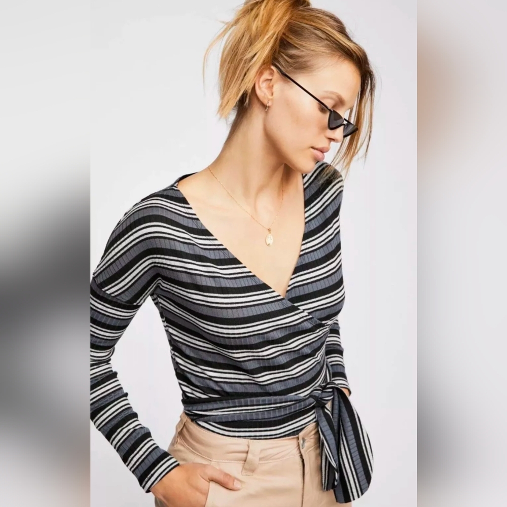 Free People Black/Gray/White Stripped Wrap Top
